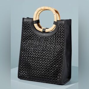 Anthropologie Elle Woven Black Purse with Rattan Handle